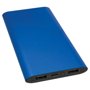 Blank blue aluminum wireless charger power bank with 8000mAh rechargeable battery and large engraving area for custom logos and personalization.