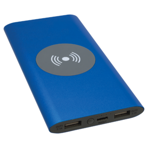 Blue aluminum wireless charger power bank featuring a wireless charging pad, 8000mAh battery, and custom engraving area for logos and personalization.