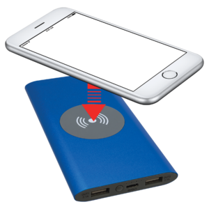 Smartphone positioned above a blue wireless charger power bank demonstrating wireless charging functionality with custom engraving and 8000mAh battery.