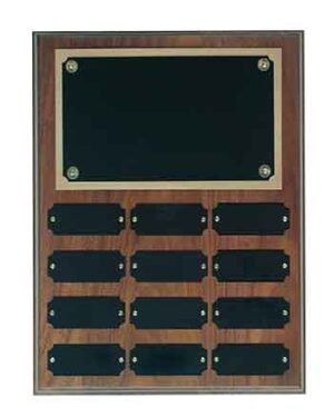 Custom engraved cherry finish perpetual plaque with 12 black engraving plates and genuine walnut construction for employee recognition and awards