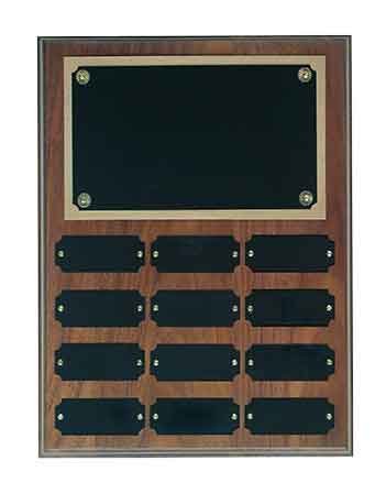 Custom engraved cherry finish perpetual plaque with 12 black engraving plates and genuine walnut construction for employee recognition and awards