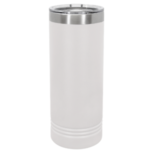 Blank white stainless steel skinny tumbler with silver rim and clear lid on a transparent background.