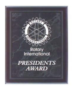 Black marble border acrylic award plaque featuring a custom Rotary International President's Award design. Personalized marble style award plaque with frosted engraving for employee recognition, leadership awards, volunteer appreciation, and achievement displays.