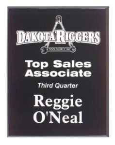Black border clear plaque acrylic award engraved with Top Sales Associate recognition. Custom acrylic award plaque featuring frosted engraving, company logo, employee name, and achievement details for corporate recognition programs.