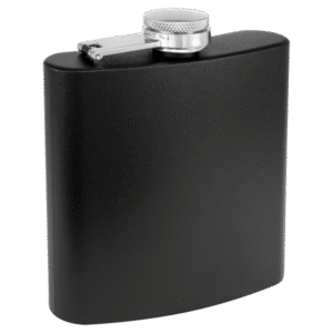 Custom laser engraved matte black stainless steel flask personalized with names, logos, monograms, and custom artwork.
