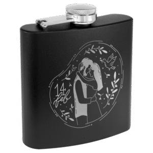 Custom laser engraved matte black stainless steel flask featuring a personalized couple design. Perfect for anniversaries, weddings, Valentine's Day, and romantic gifts.