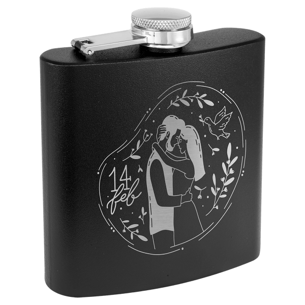 Custom laser engraved matte black stainless steel flask featuring a personalized couple design. Perfect for anniversaries, weddings, Valentine's Day, and romantic gifts.