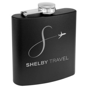 Custom laser engraved matte black stainless steel flask personalized with name and travel themed design.