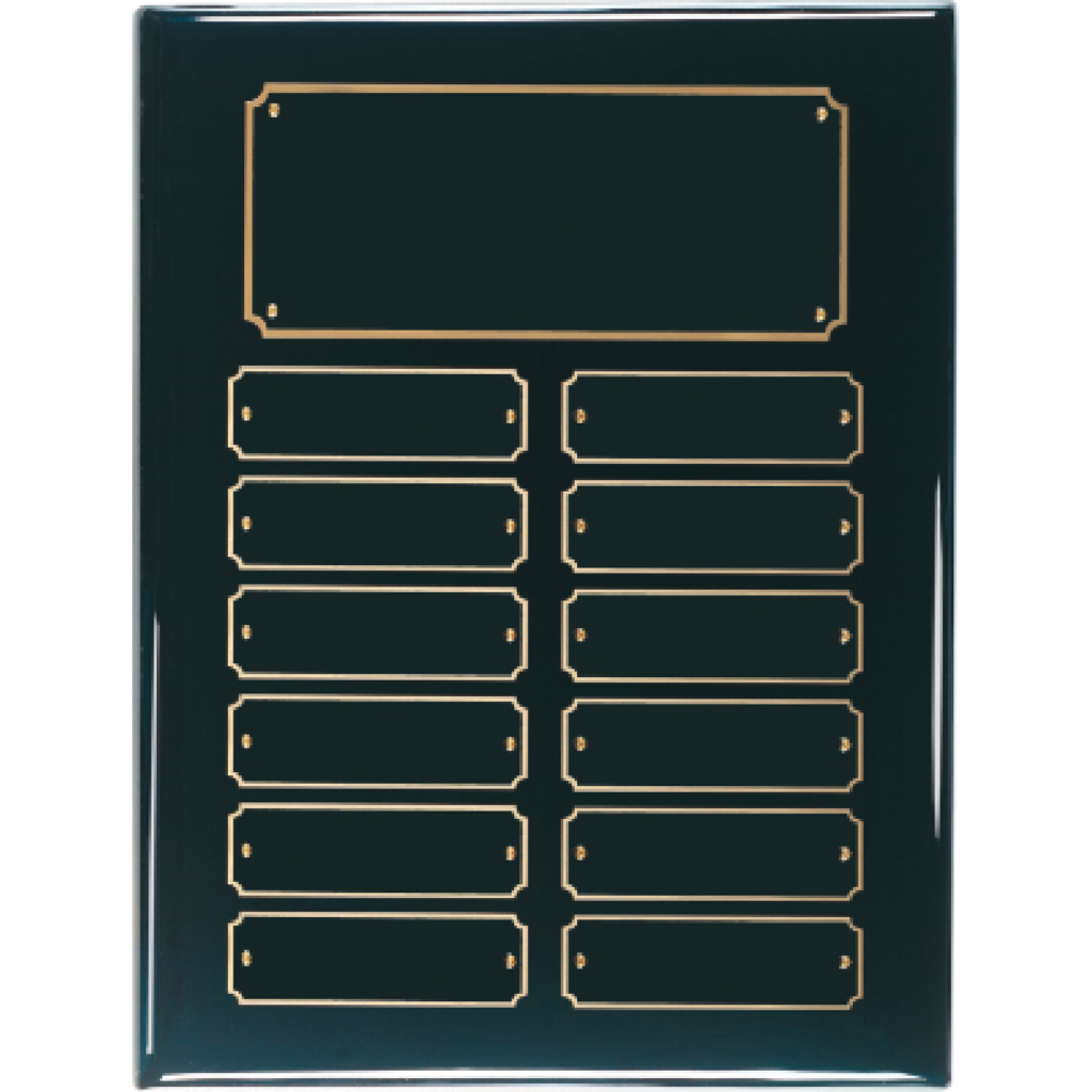 12 Plate Black Piano Finish Perpetual Plaque with gold engraving plates for employee recognition and awards