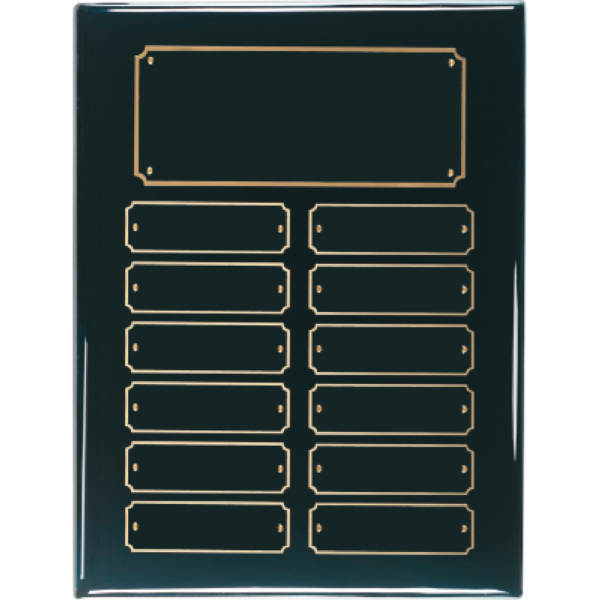 12 Plate Black Piano Finish Perpetual Plaque with gold engraving plates for employee recognition and awards