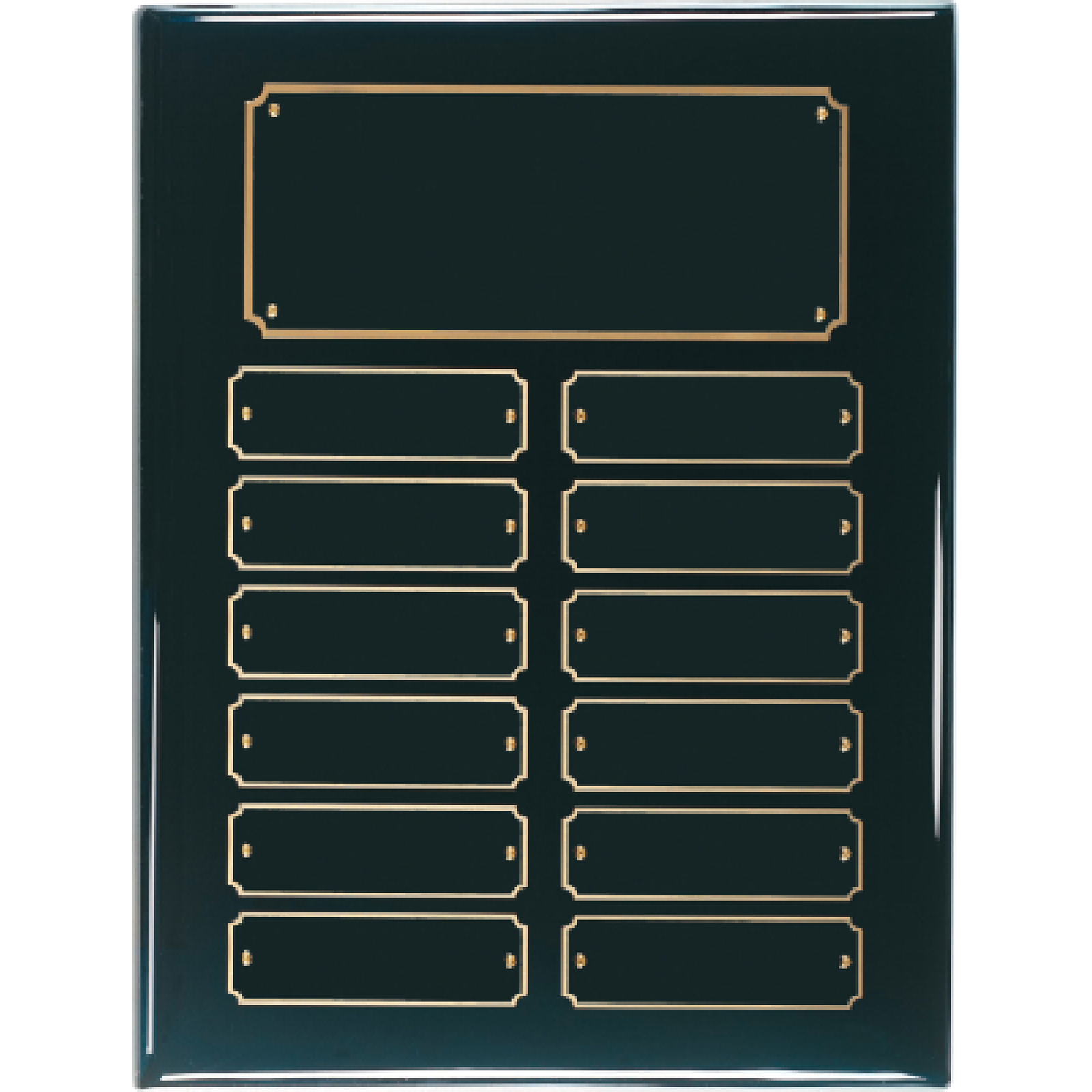 12 Plate Black Piano Finish Perpetual Plaque with gold engraving plates for employee recognition and awards
