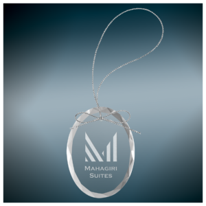 Custom clear oval glass ornament with silver string and frosted engraved design