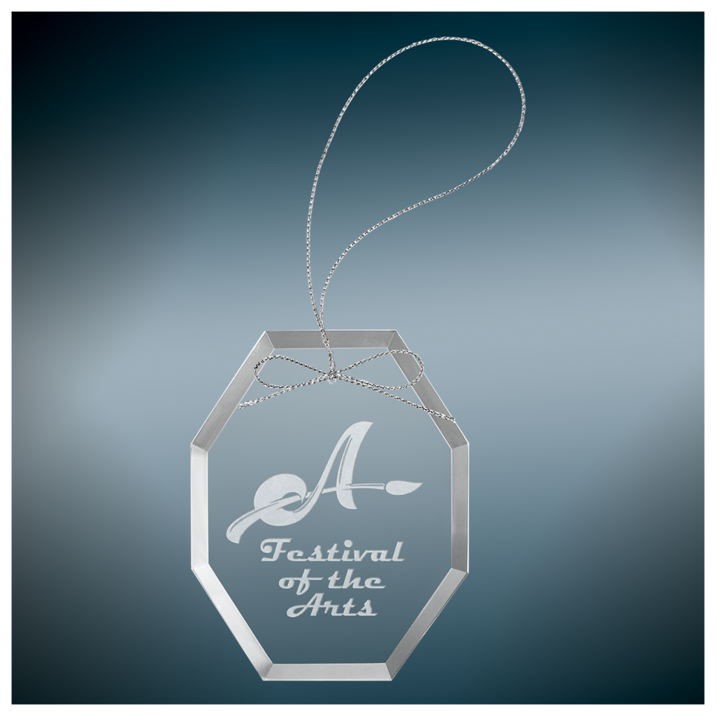Personalized clear octagon glass ornament with silver hanging string laser engraved for Christmas gifts, awards, memorials, and corporate recognition.