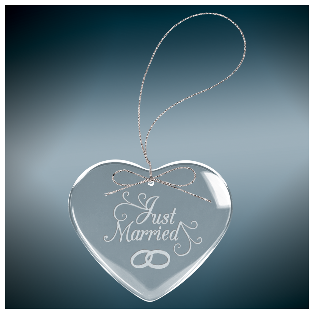 Personalized clear heart glass ornament with silver hanging string laser engraved for weddings, anniversaries, Valentine's Day, memorials, and Christmas gifts.