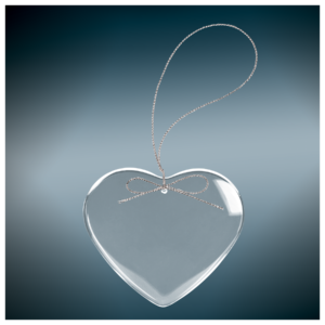 Blank clear heart glass ornament with silver hanging string ready for custom laser engraving.
