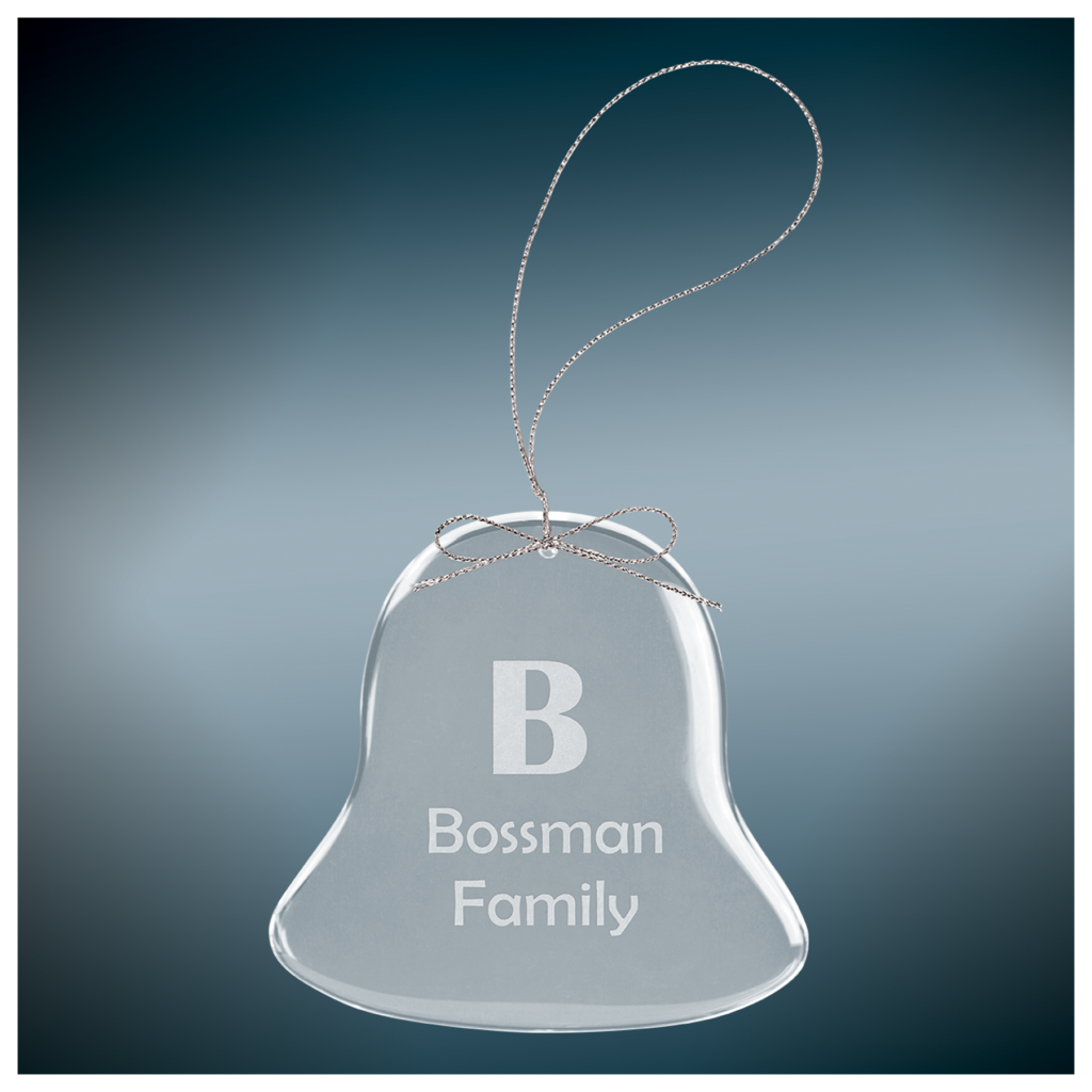 Personalized clear bell glass ornament with silver hanging string laser engraved for Christmas gifts, memorials, weddings, and family keepsakes.