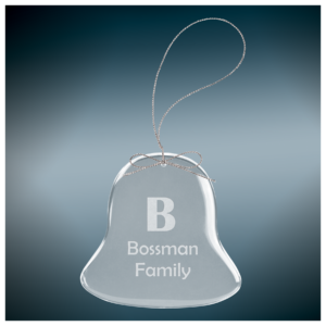 Personalized clear bell glass ornament with silver hanging string laser engraved for Christmas gifts, memorials, weddings, and family keepsakes.