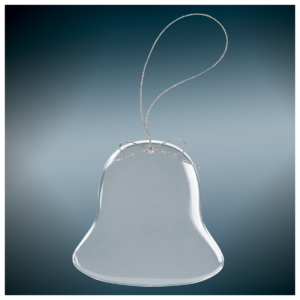 Blank clear bell glass ornament with silver hanging string ready for custom laser engraving.