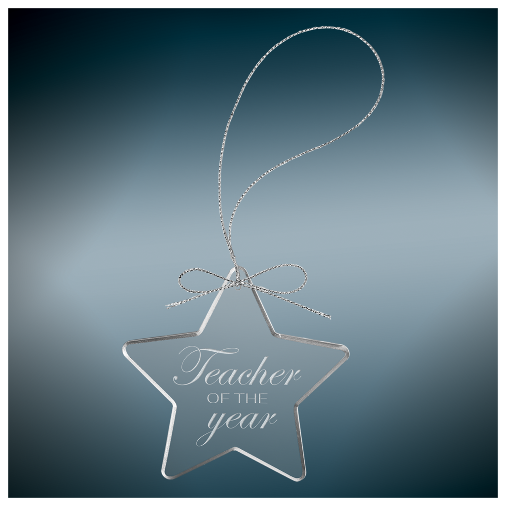 Personalized clear star glass ornament with silver string laser engraved for Christmas gifts, teacher appreciation, memorials, weddings, and custom keepsakes.
