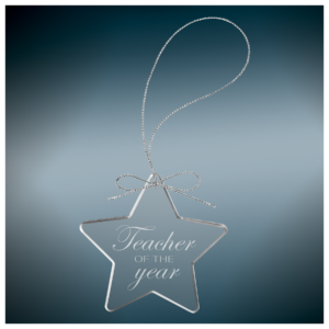 Personalized clear star glass ornament with silver string laser engraved for Christmas gifts, teacher appreciation, memorials, weddings, and custom keepsakes.