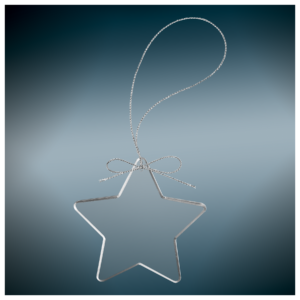 Blank clear star  ornament with silver hanging string ready for custom laser engraving.