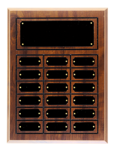 Custom Cherry Finish Perpetual Plaque with 18 engraved black brass plates for employee recognition and service awards