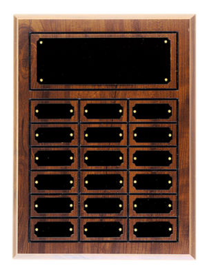 Custom Cherry Finish Perpetual Plaque with 18 engraved black brass plates for employee recognition and service awards