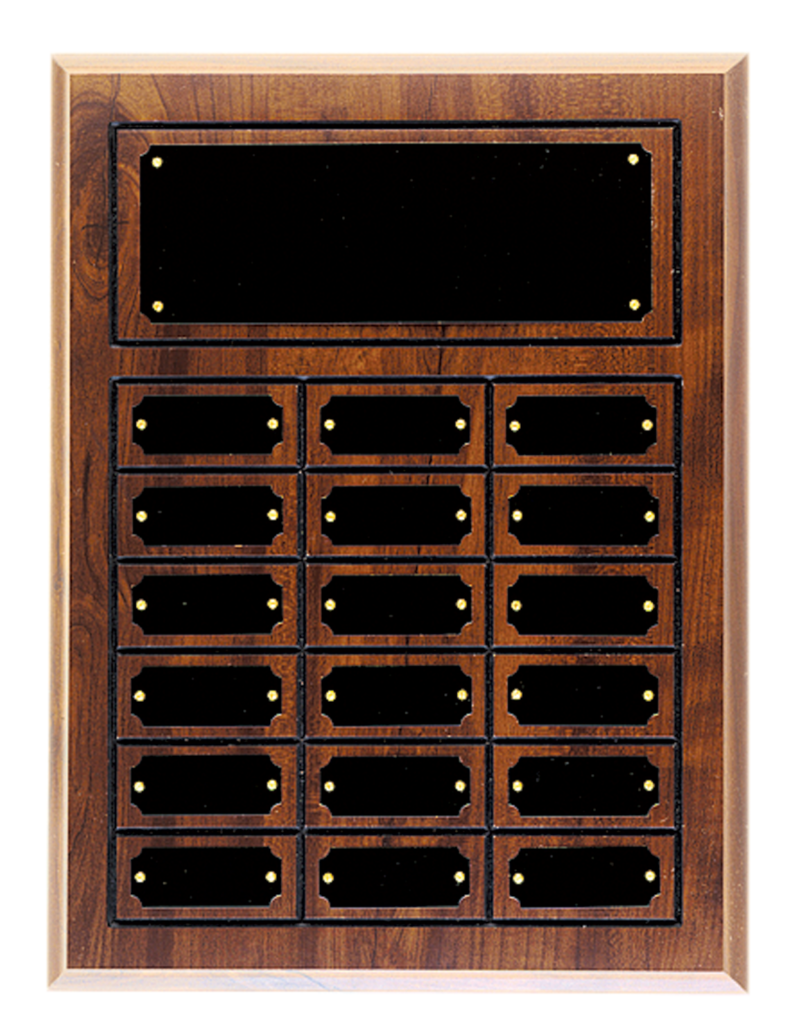 Custom Cherry Finish Perpetual Plaque with 18 engraved black brass plates for employee recognition and service awards