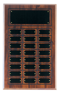 Cherry Finish Perpetual Plaque with 24 engraved black brass plates for employee recognition and service awards