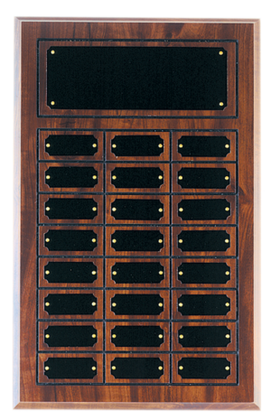 Cherry Finish Perpetual Plaque with 24 engraved black brass plates for employee recognition and service awards
