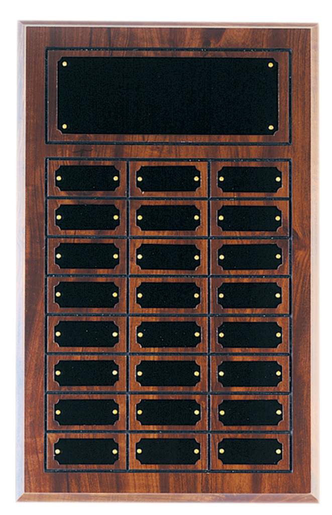 Cherry Finish Perpetual Plaque with 24 engraved black brass plates for employee recognition and service awards
