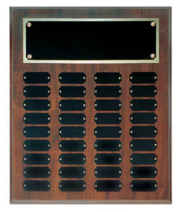 Cherry Finish Perpetual Plaque with 36 engraved black brass plates for employee recognition and service awards