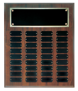 Cherry Finish Perpetual Plaque with 36 engraved black brass plates for employee recognition and service awards