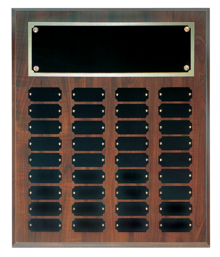 Cherry Finish Perpetual Plaque with 36 engraved black brass plates for employee recognition and service awards