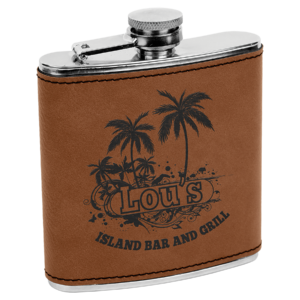 Dark brown personalized laser engraved flask leatherette stainless steel flask with custom tropical bar logo