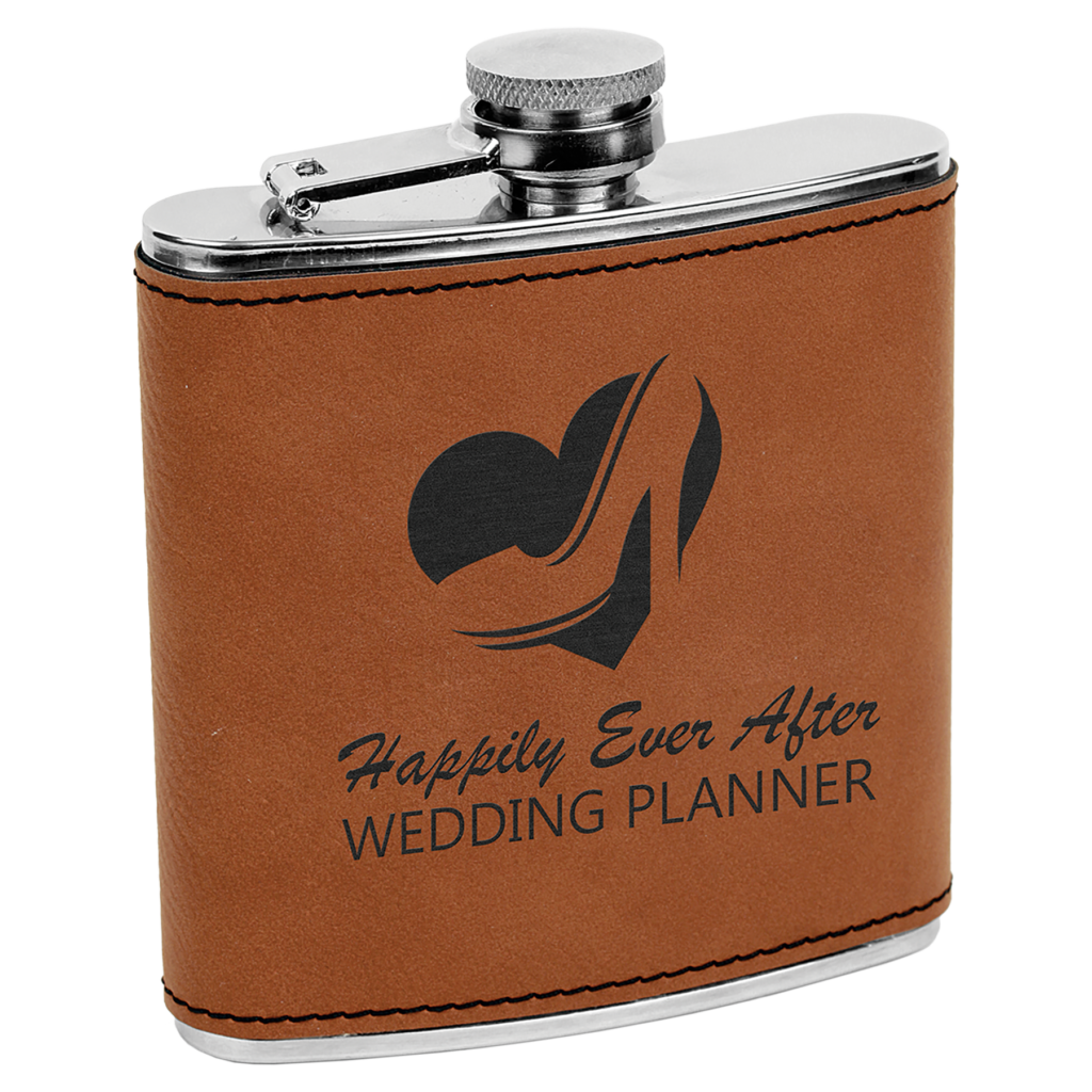 Rawhide personalized laser engraved flask leatherette stainless steel with custom wedding planner logo