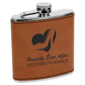 Rawhide personalized laser engraved flask leatherette stainless steel with custom wedding planner logo