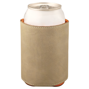 Light brown personalized leatherette beverage holder with custom laser engraved logo