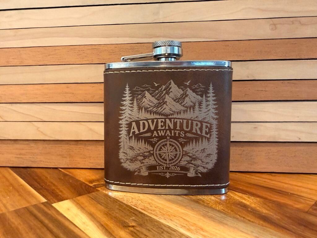 Custom engraved flask with rustic leatherette wrap and Adventure Awaits design