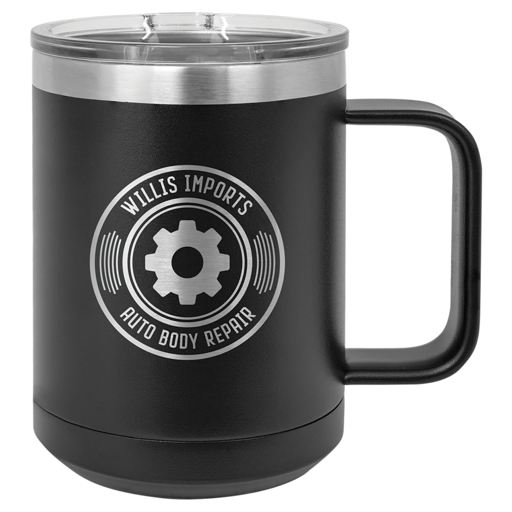 Custom engraved black travel mug with Willis Imports Auto Body Repair logo