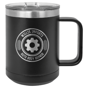 Custom engraved black travel mug with Willis Imports Auto Body Repair logo