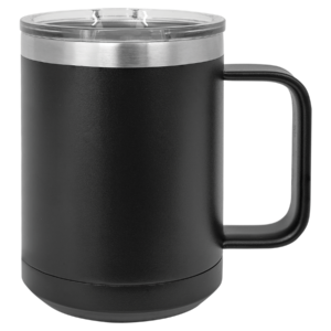 Black stainless steel travel mug ready for custom laser engraving
