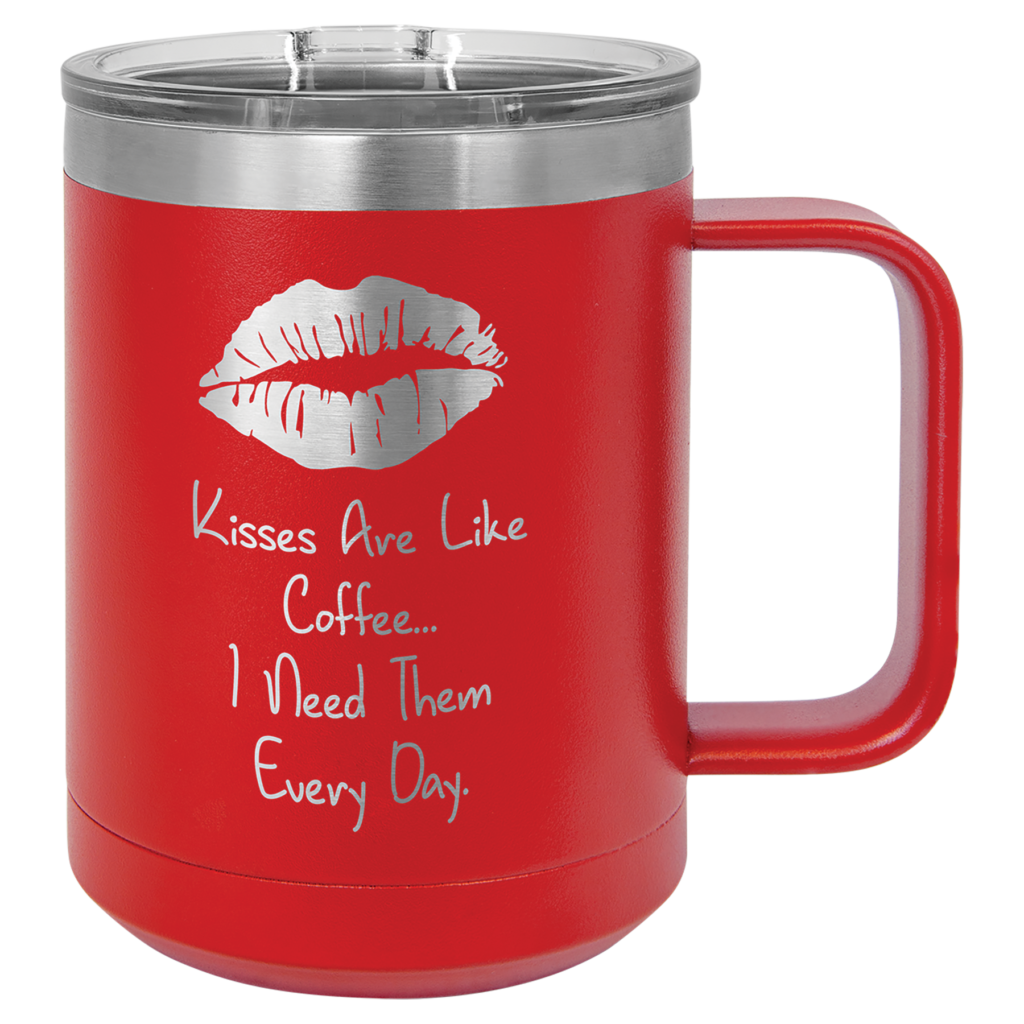 Custom engraved red stainless steel travel mug with handle