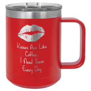 Custom engraved red stainless steel travel mug with handle