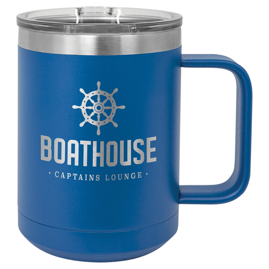 ustom engraved royal blue stainless steel travel mug with handle