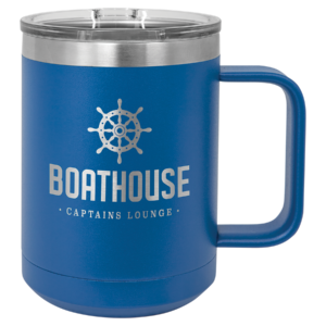 ustom engraved royal blue stainless steel travel mug with handle