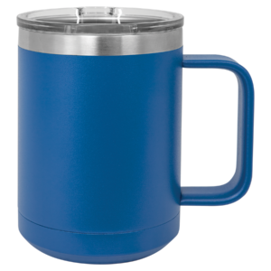 Custom engraved royal blue stainless steel travel mug with handle