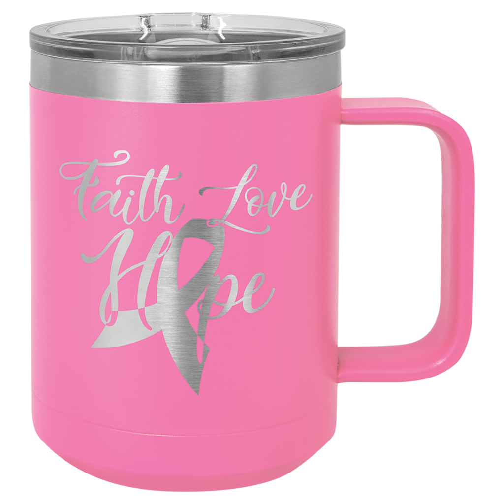 Custom engraved pink stainless steel travel mug with handle