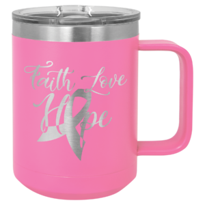 Custom engraved pink stainless steel travel mug with handle