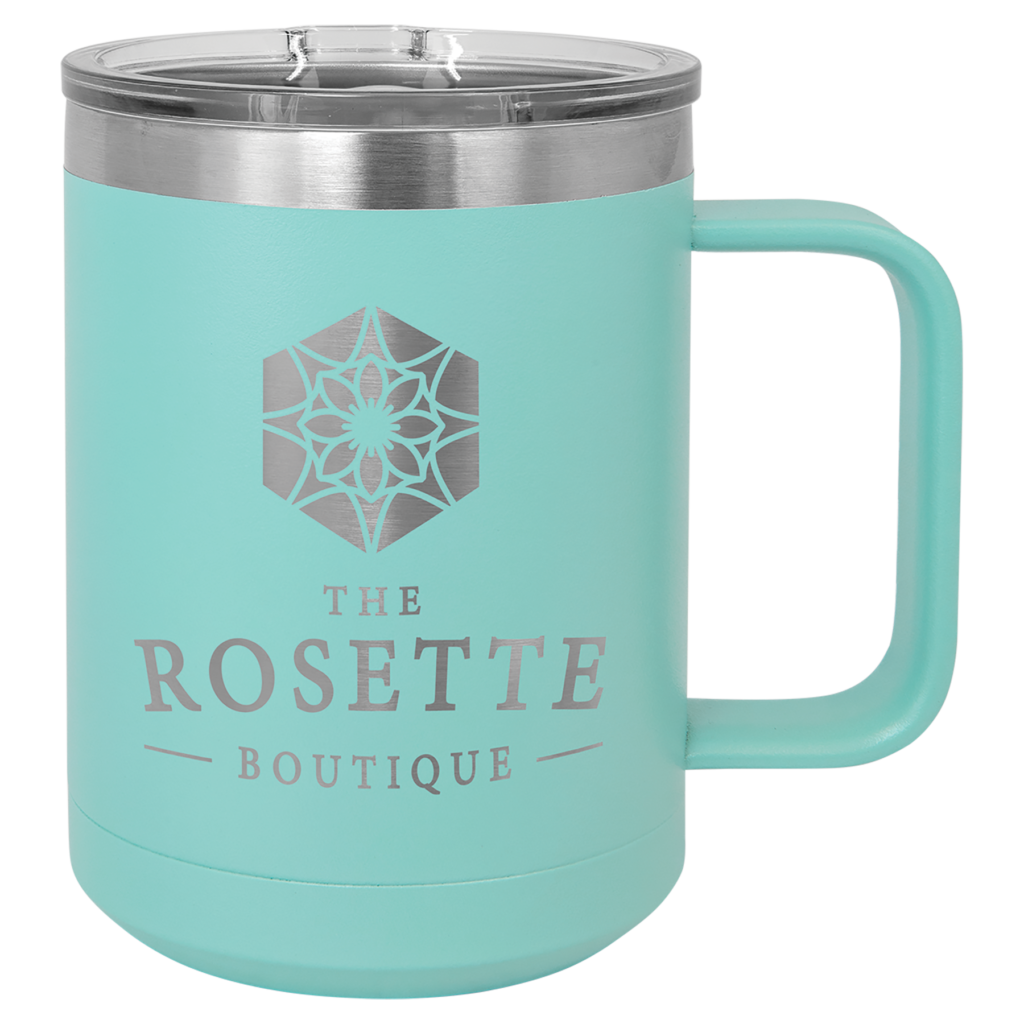 Custom engraved teal stainless steel travel mug with handle